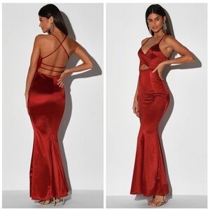 LULU’S Destined Love Wine Red Satin Backless Cutout Mermaid Maxi Dress